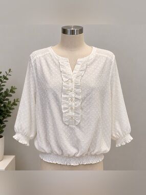 CHRISTOPHER & BANKS Sheer White Polka Dot Blouse size medium